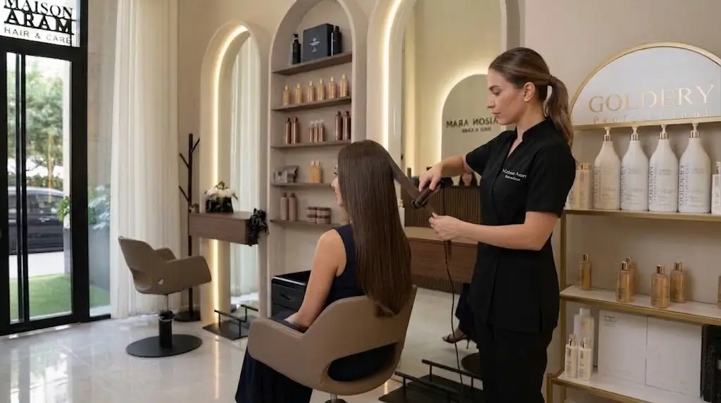 Coiffeuse réalisant un lissage des cheveux longs chez Maison Aram à Tanger