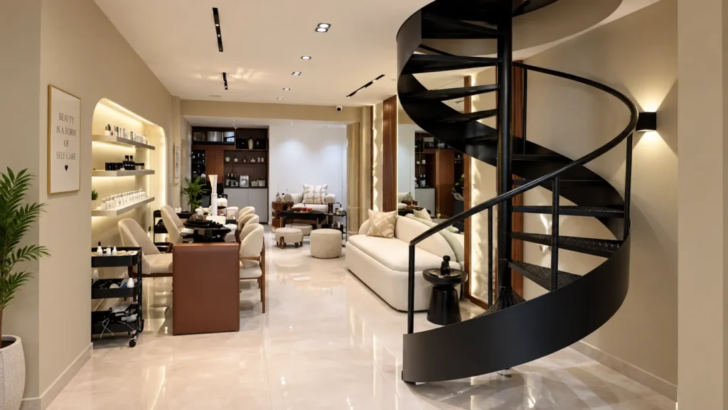 Intérieur élégant du salon de beauté Maison Aram à Tanger avec escalier en spirale