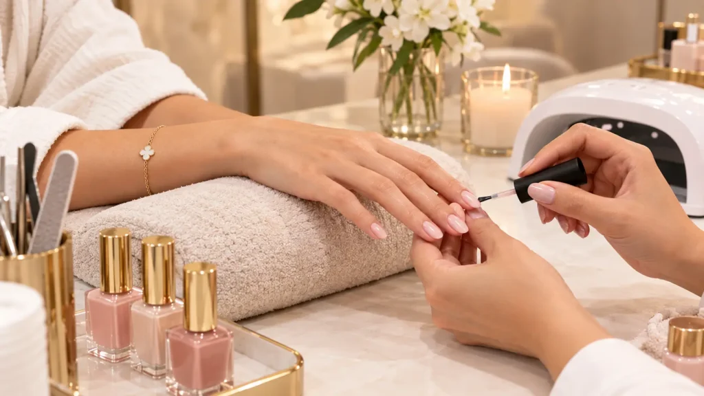 Manucure avec pose de vernis nude chez Maison Aram à Tanger
