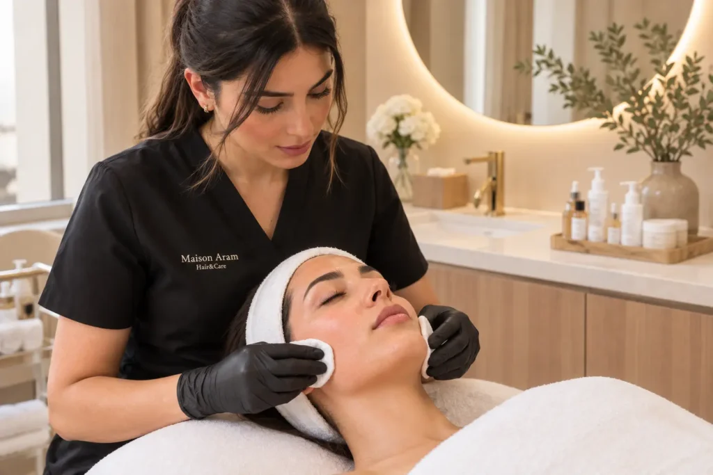 oin du visage avant microneedling dans un salon de beauté à Tanger
