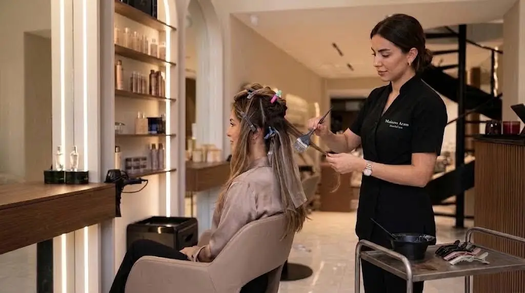 Coloration et balayage réalisés par une coiffeuse professionnelle chez Maison Aram à Tanger